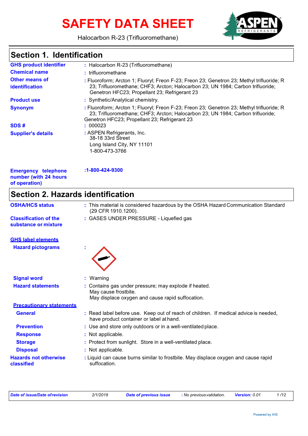 SAFETY DATA SHEET Halocarbon R-23 (Trifluoromethane)