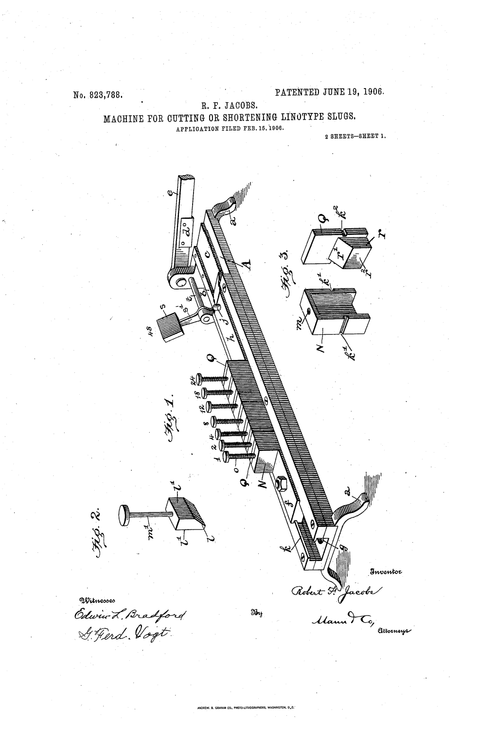 Machine for Outting Or Shortening Linotype Slugs. Application Filed Feb, 15, 1906