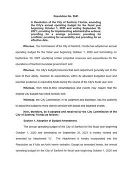 Whereas, the Commission of the City of Sanford, Florida Has Adopted an Annual Operating Budget for the Fiscal Year Beginning October 1, 2020 and Terminating On