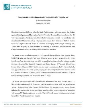 Congress Overrides Presidential Veto of JASTA Legislation by Roxanne Perugino September 28, 2016