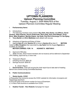 Minutes from Uptown Planner's Meeting