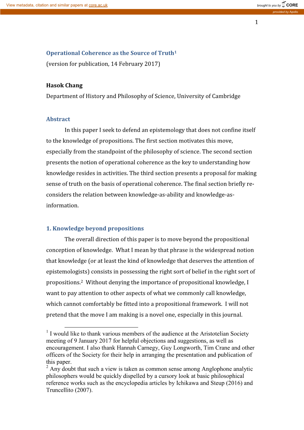 Hasok Chang Department of History and Philosophy of Science, University of Cambridge