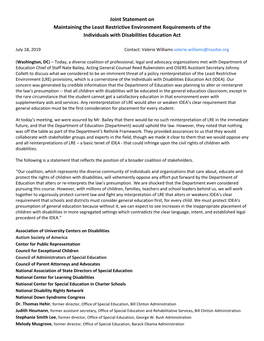 Joint Statement on Maintaining the Least Restrictive Environment Requirements of the Individuals with Disabilities Education Act