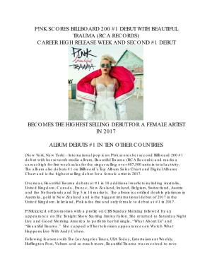 P!Nk Scores Billboard 200 #1 Debut with Beautiful Trauma (Rca Records) Career High Release Week and Second #1 Debut