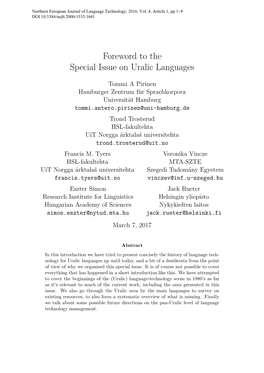 Foreword to the Special Issue on Uralic Languages
