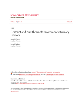 Restraint and Anesthesia of Uncommon Veterinary Patients Bruce H