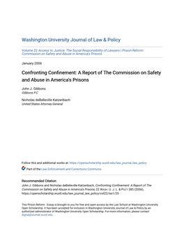 Confronting Confinement: a Report of the Commission on Safety and Abuse in America's Prisons
