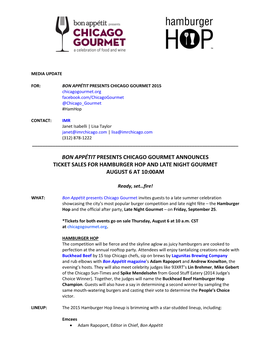 Bon Appétit Presents Chicago Gourmet Announces Ticket Sales for Hamburger Hop and Late Night Gourmet August 6 at 10:00Am