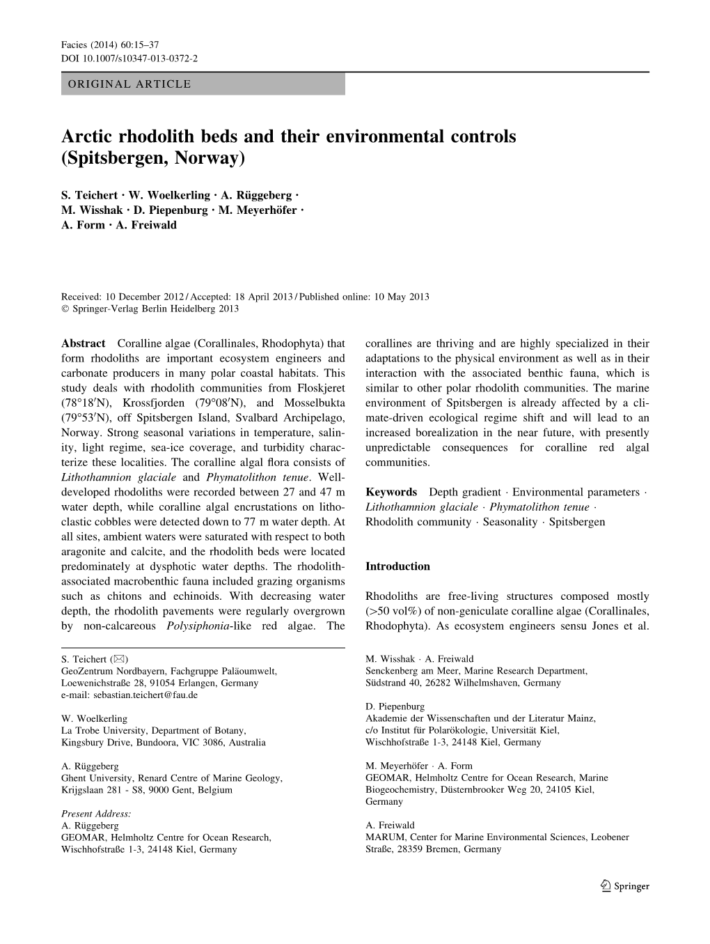 Arctic Rhodolith Beds and Their Environmental Controls (Spitsbergen, Norway)