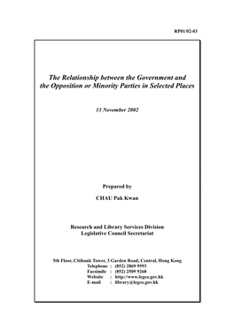 The Relationship Between the Government and the Opposition Or Minority Parties in Selected Places