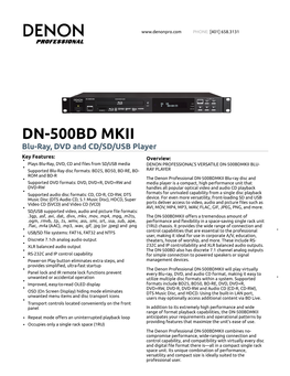 Denon DN-500BD MKII -- Professional-Grade Blu-Ray, DVD and CD/SD/USB Player | Spec Sheet
