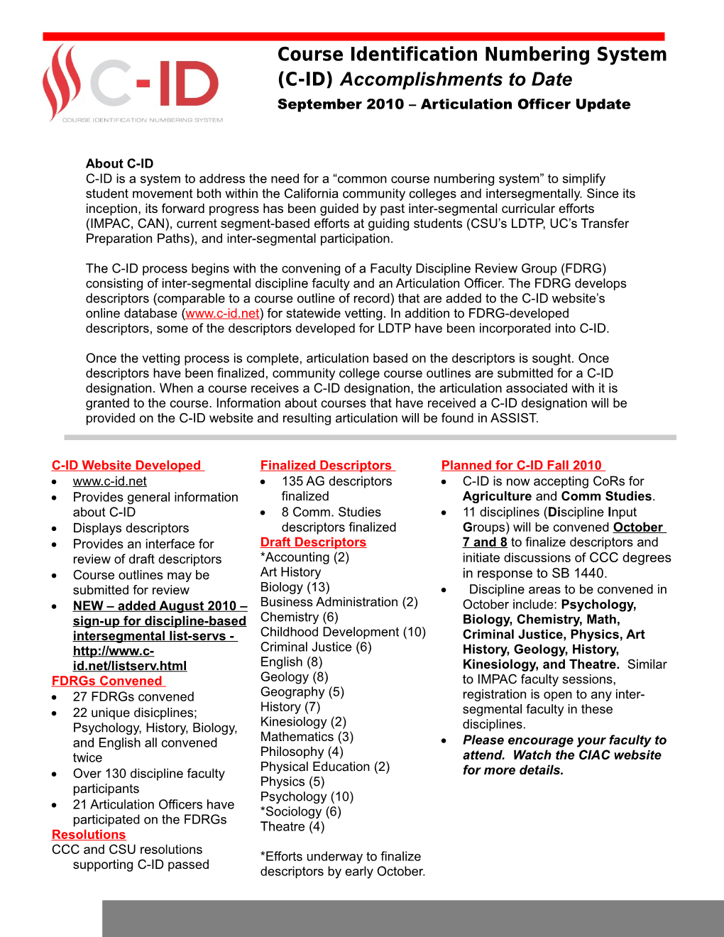 C-ID Is a System to Address the Need for a Common Course Numbering System to Simplify Student