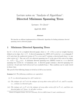 Lecture Notes on “Analysis of Algorithms”: Directed Minimum Spanning Trees