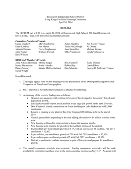 Brazosport Independent School District Long Range Facilities Planning Committee April 24, 2014