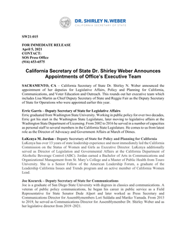 California Secretary of State Dr. Shirley Weber Announces Appointments of Office’S Executive Team