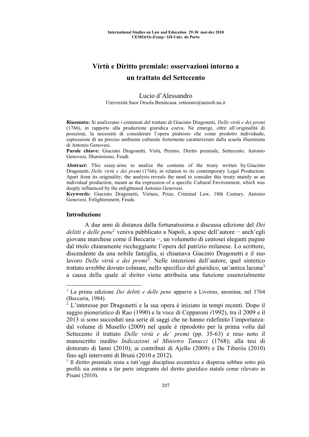 Virtù E Diritto Premiale: Osservazioni Intorno a Un Trattato Del Settecento