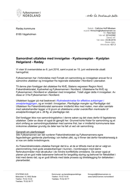 Samordnet Uttalelse Med Innsigelse - Kystsoneplan - Kystplan Helgeland - Rødøy