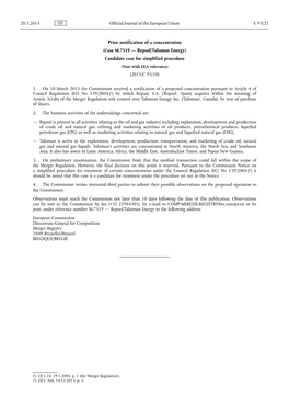 Case M.7519 — Repsol/Talisman Energy) Candidate Case for Simplified Procedure (Text with EEA Relevance) (2015/C 93/10)