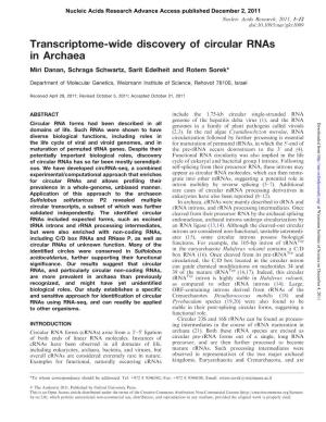 Transcriptome-Wide Discovery of Circular Rnas in Archaea Miri Danan, Schraga Schwartz, Sarit Edelheit and Rotem Sorek*