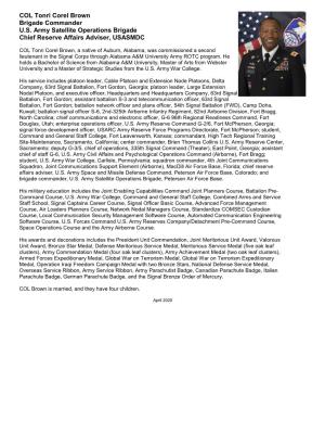 COL Tonri Corel Brown Brigade Commander U.S. Army Satellite Operations Brigade Chief Reserve Affairs Adviser, USASMDC