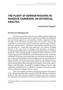 The Plight of German Missions in Mandate Cameroon: an Historical Analysis