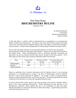 Date Rape Drugs BIOCHEMISTRY BYLINE September 1998