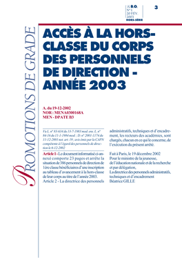 Accès À La Hors- Classe Du Corps Des Personnels De Direction - Année 2003