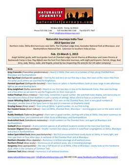 Naturalist Journeys India Tour 2013 Species List Feb. 15-March 1, 2013