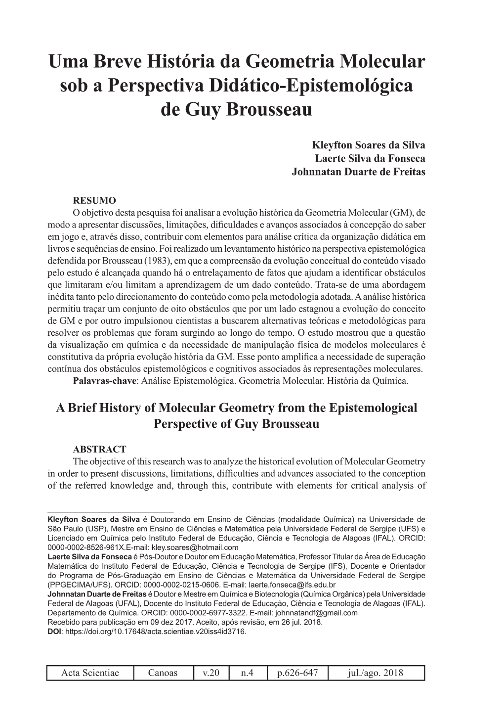 Uma Breve História Da Geometria Molecular Sob a Perspectiva Didático-Epistemológica De Guy Brousseau