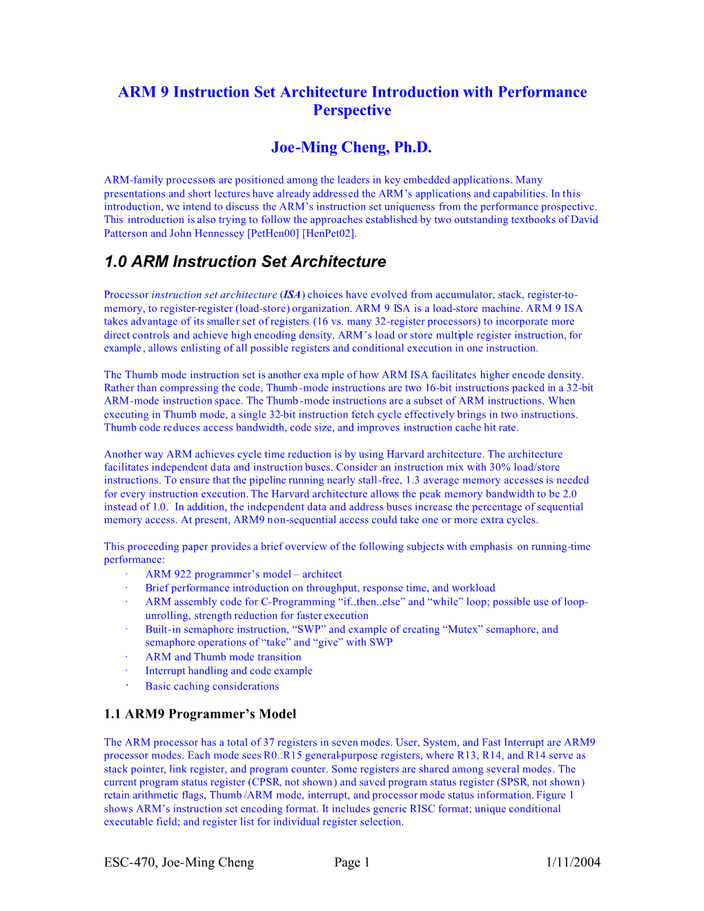 ESC-470: ARM 9 Instruction Set Architecture with Performance