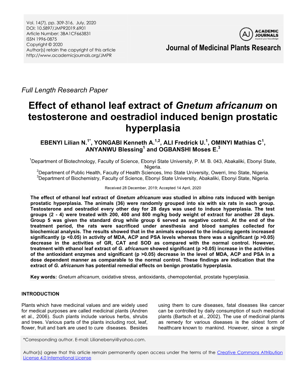 Effect of Ethanol Leaf Extract of Gnetum Africanum on Testosterone and Oestradiol Induced Benign Prostatic Hyperplasia
