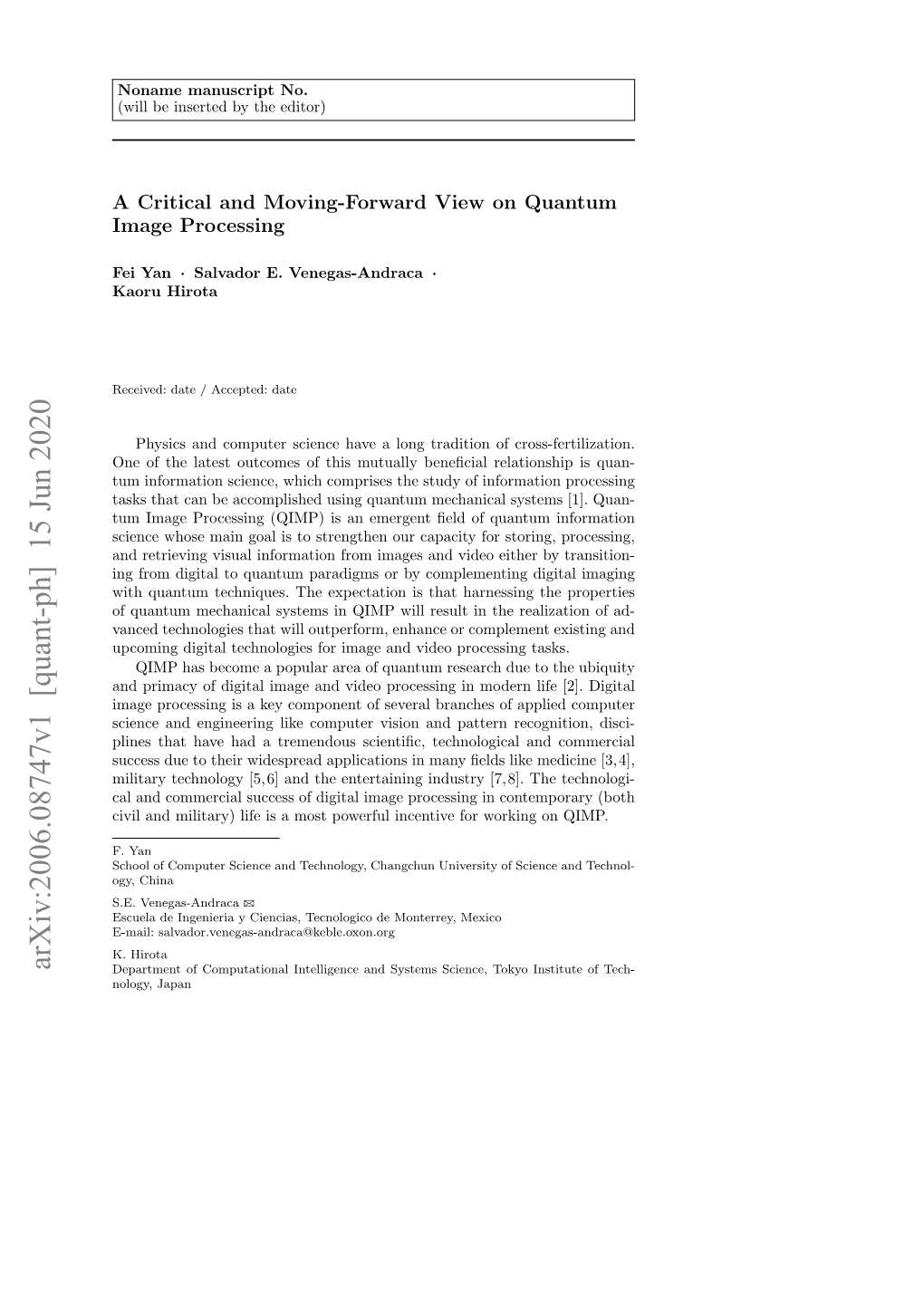 Arxiv:2006.08747V1 [Quant-Ph] 15 Jun 2020 Department of Computational Intelligence and Systems Science, Tokyo Institute of Tech- Nology, Japan 2 Fei Yan Et Al