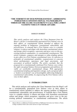 Addressing Indigenous Constitutional Vulnerability Through the Uluru Statement’S Call for a First Nations Voice in Their Affairs