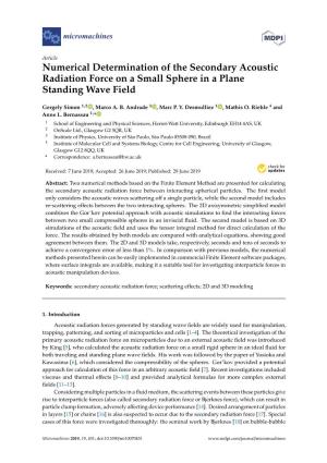 Numerical Determination of the Secondary Acoustic Radiation Force on a Small Sphere in a Plane Standing Wave Field