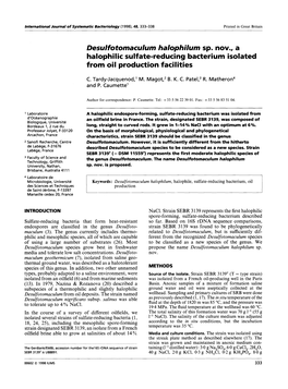 Desulfotomaculum Halophilum Sp. Now, a Halophi I Ic Sulfate-Reducing