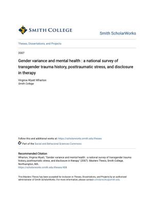 Gender Variance and Mental Health : a National Survey of Transgender Trauma History, Posttraumatic Stress, and Disclosure in Therapy