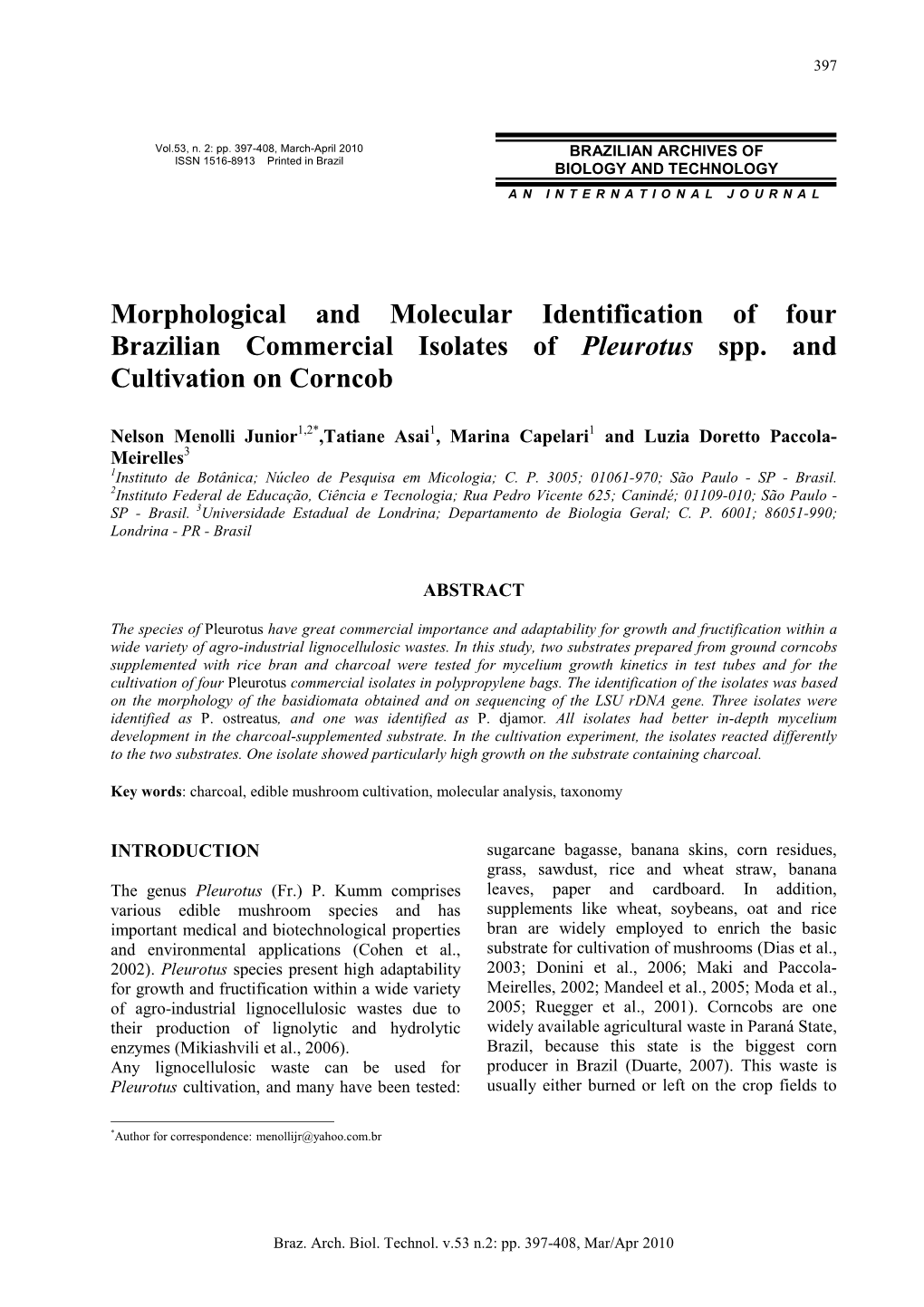 Morphological and Molecular Identification of Four Brazilian Commercial Isolates of Pleurotus Spp