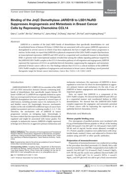 Binding of the Jmjc Demethylase JARID1B to LSD1/Nurd Suppresses Angiogenesis and Metastasis in Breast Cancer Cells by Repressing Chemokine CCL14