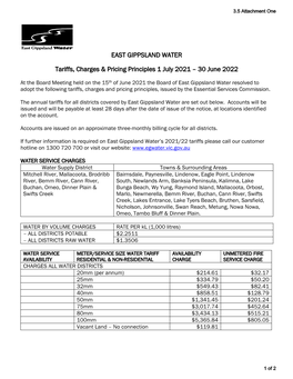 EAST GIPPSLAND WATER Tariffs, Charges & Pricing Principles 1 July