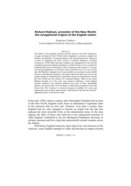 Richard Hakluyt, Promoter of the New World: the Navigational Origins of the English Nation