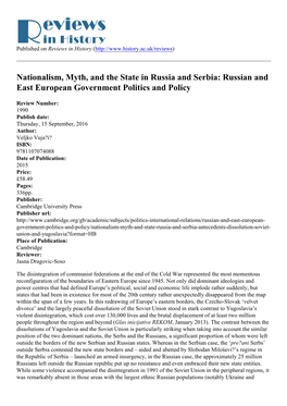 Nationalism, Myth, and the State in Russia and Serbia: Russian and East European Government Politics and Policy