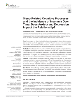 Sleep-Related Cognitive Processes and the Incidence of Insomnia Over Time: Does Anxiety and Depression Impact the Relationship?