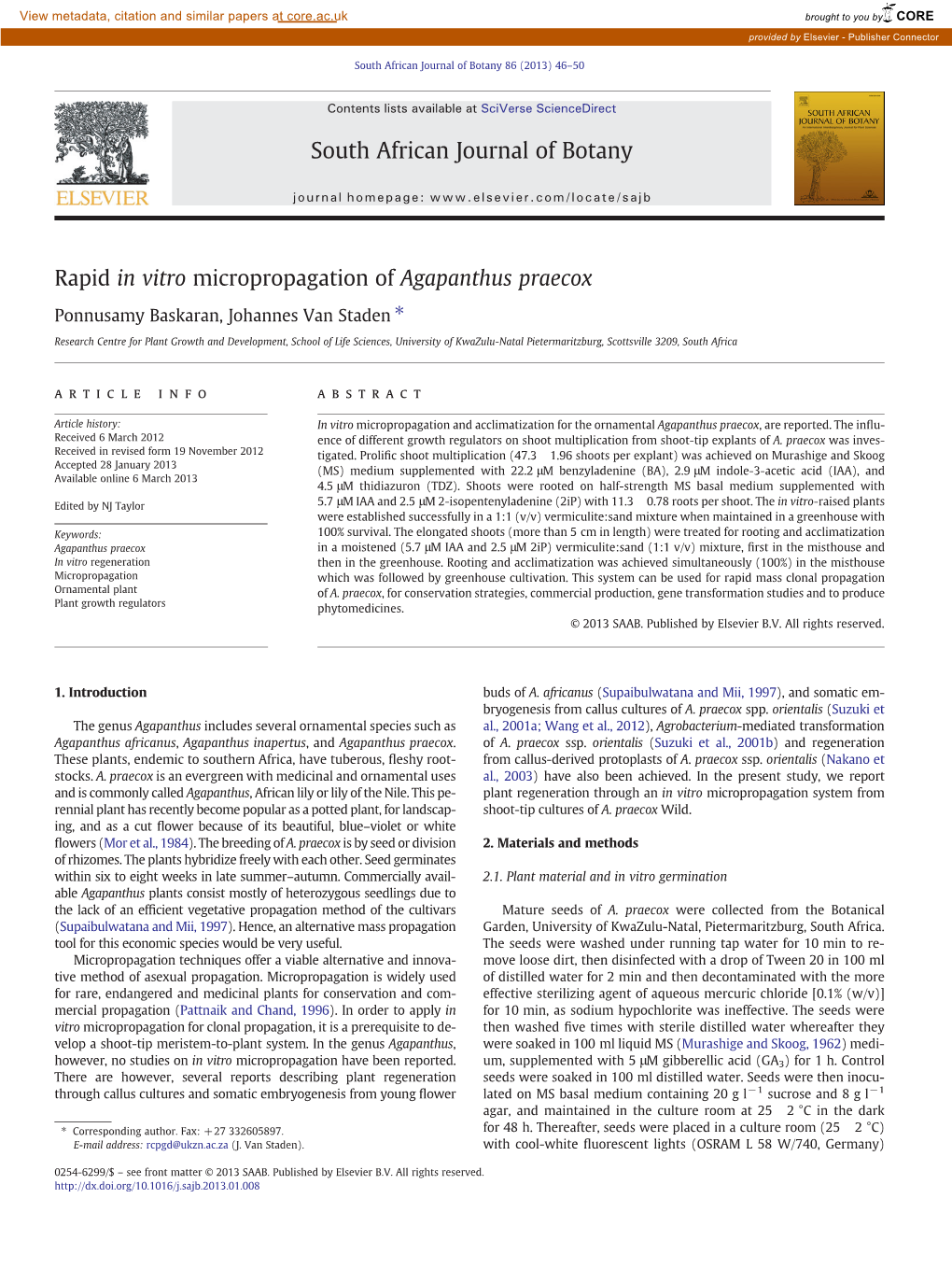 Rapid in Vitro Micropropagation of Agapanthus Praecox