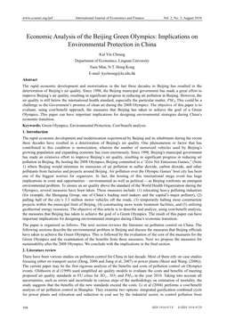 Economic Analysis of the Beijing Green Olympics: Implications on Environmental Protection in China