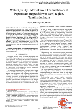 Water Quality Index of River Thamirabarani at Papanasam (Upper&Lower Dam) Region, Tamilnadu, India