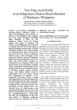 Free Fatty Acid Profile of an Indigenous Chicken Breed (Basilan) of Mindanao, Philippines