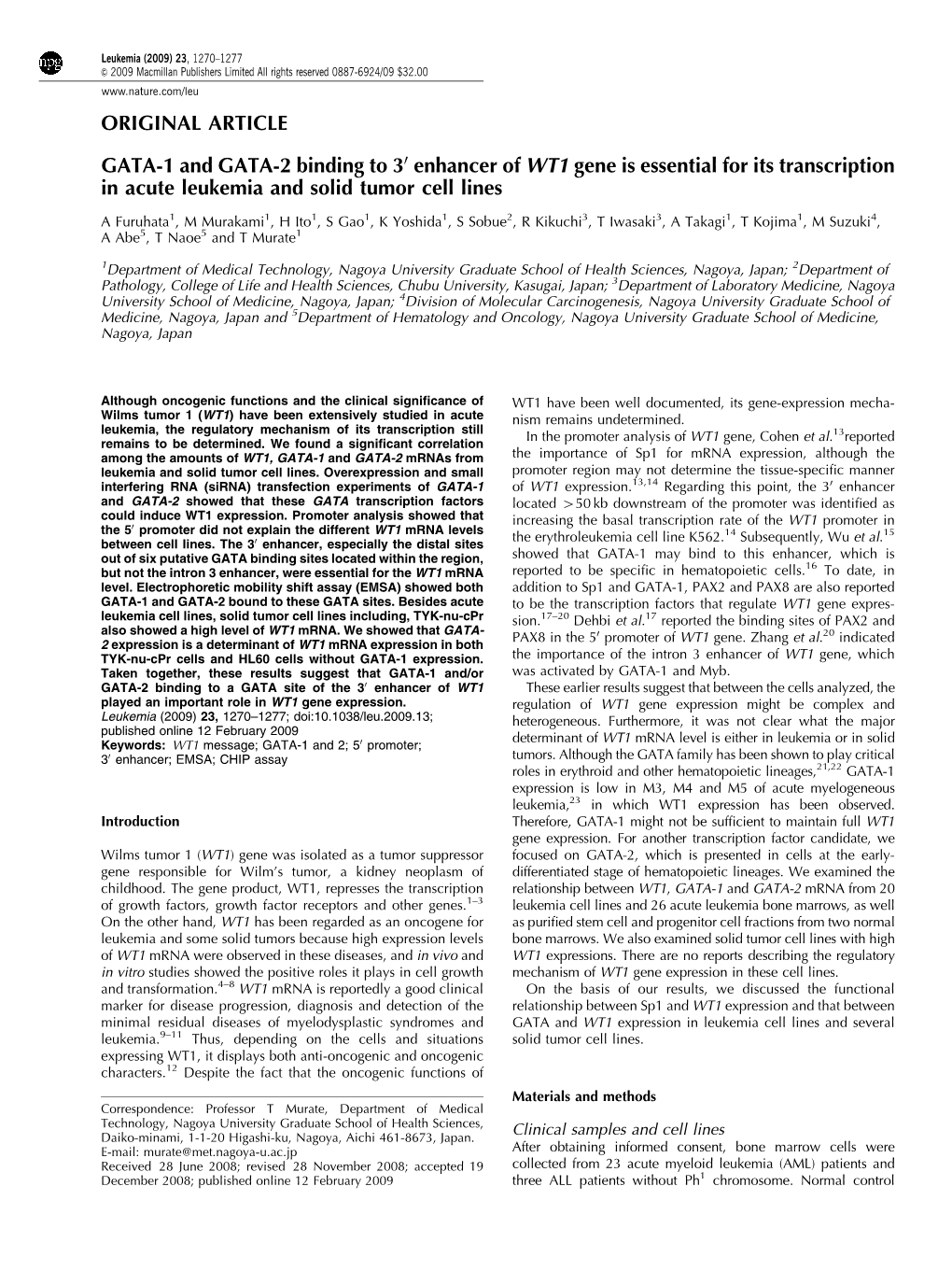 Enhancer of WT1 Gene Is Essential for Its Transcription in Acute Leukemia and Solid Tumor Cell Lines