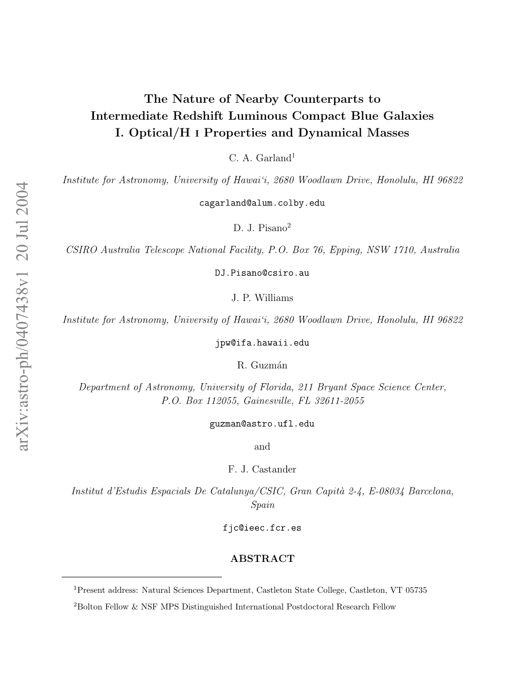 Arxiv:Astro-Ph/0407438V1 20 Jul 2004