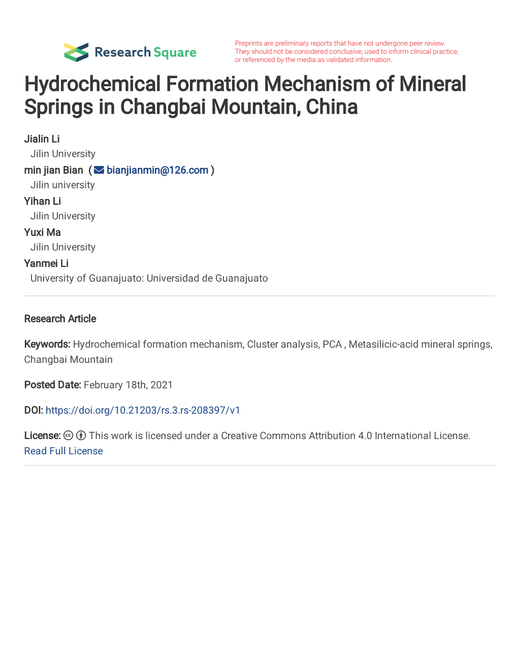 Hydrochemical Formation Mechanism of Mineral Springs in Changbai Mountain, China