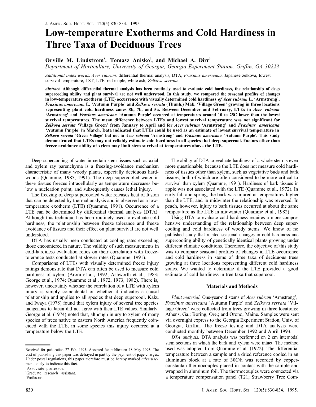 Low-Temperature Exotherms and Cold Hardiness in Three Taxa of Deciduous Trees